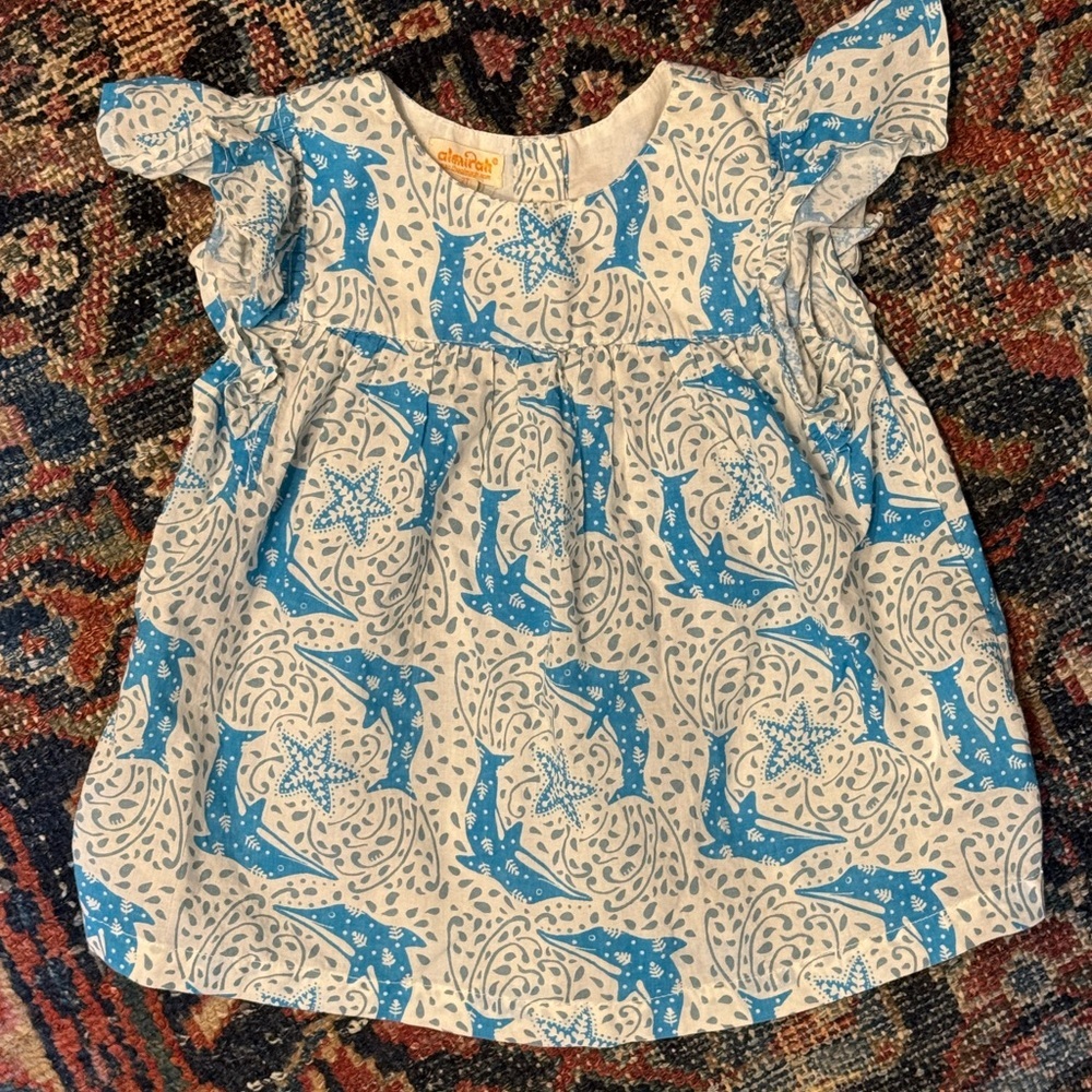 Almirah Dolphin Block Print Cotton Infant Dress and Bloomer Set - Picture 3 of 7